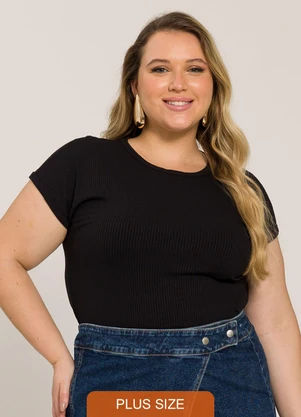 Lisamour - Blusa Canelada de Manga Curta Preta - LISAMOUR