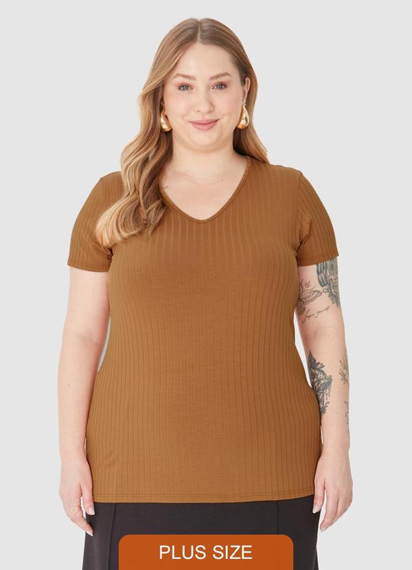 Malwee - Blusa Canelada Decote V Feminino Malwee Marrom