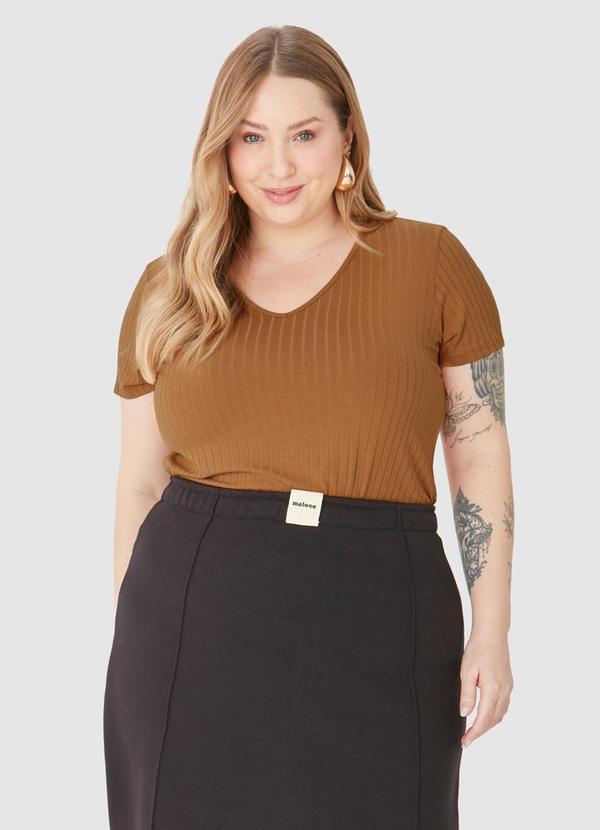 Malwee - Blusa Canelada Decote V Feminino Malwee Marrom 5