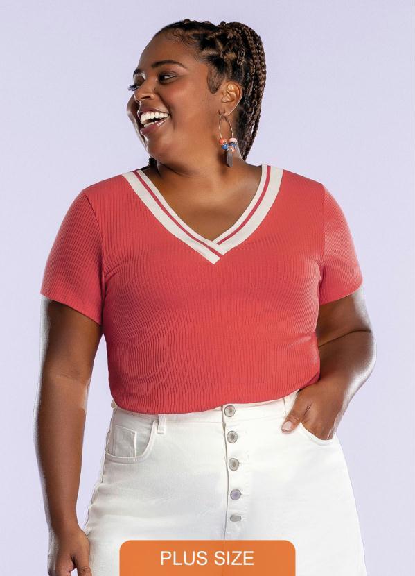 Maelle - Blusa Canelada Decote V Retilínea Vermelho