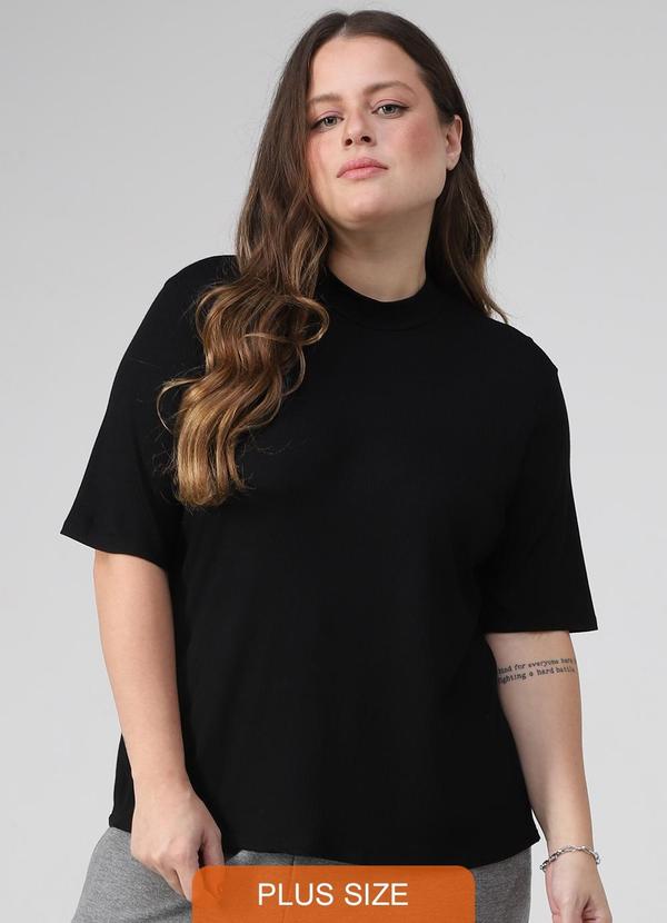 Basicamente - Blusa Canelada Gola Alta Plus Feminina Preto