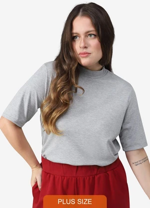 Basicamente - Blusa Canelada Gola Alta Plus Mescla Claro - BASICAMENTE