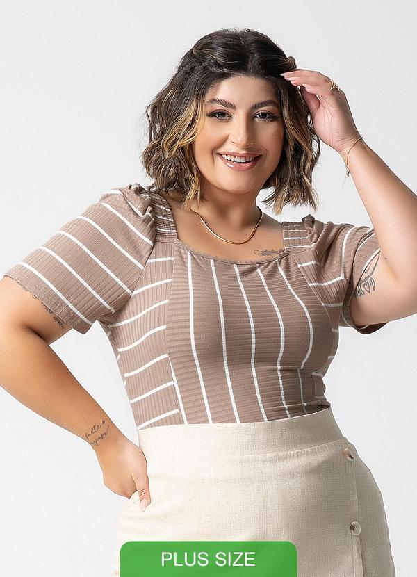 Habana - Blusa Canelada Listrada Plus Size Bege