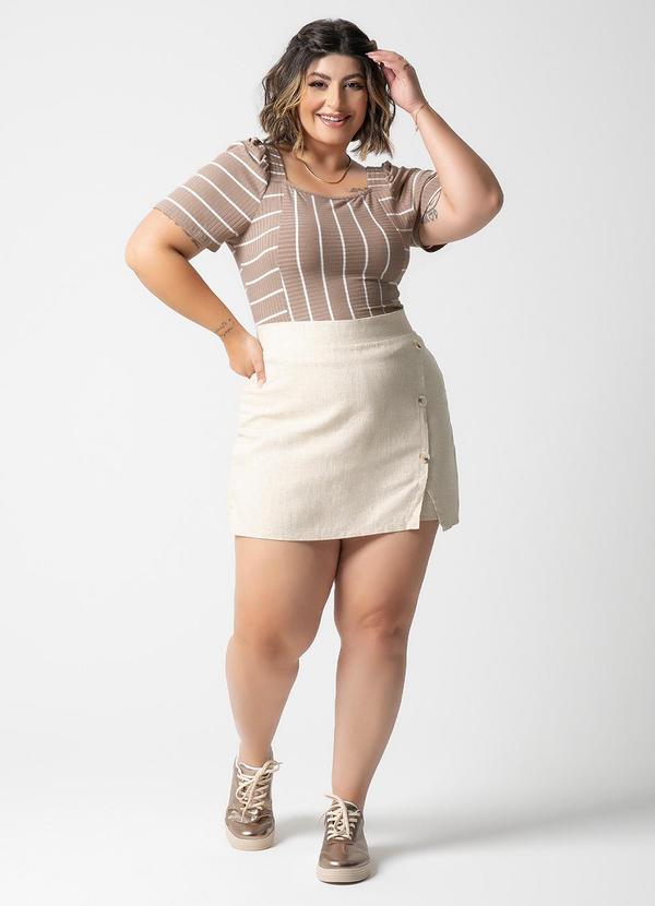 Habana - Blusa Canelada Listrada Plus Size Bege 2