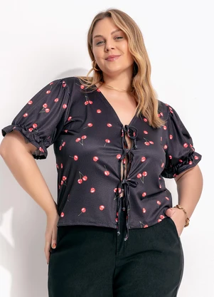 Marguerite - Blusa Cereja Preta em Malha Crepe - MARGUERITE