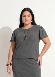 Blusa Cinza em Malha Canelada com Brilho