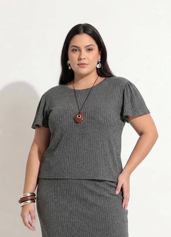 Marguerite - Blusa Cinza em Malha Canelada com Brilho