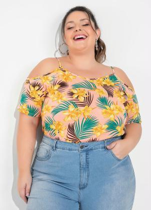 Blusa com Ombros Vazados (Floral Ros) Plus Size