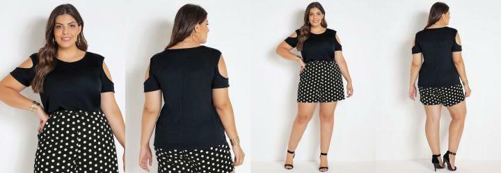 Blusa com Ombros Vazados Preta Plus Size