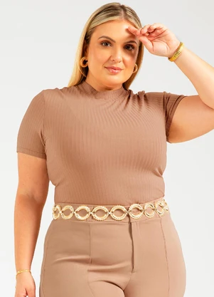 Cativa - Blusa de Manga Curta Canelada Marrom - CATIVA