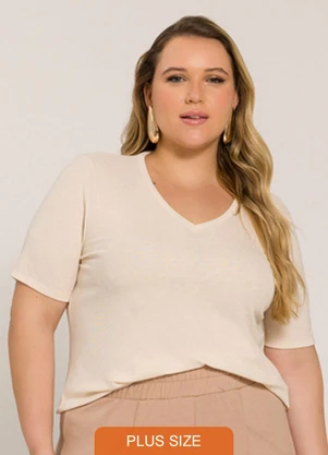 Lisamour - Blusa Decote V Canelada de Manga Curta Bege - LISAMOUR