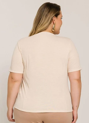 Lisamour - Blusa Decote V Canelada de Manga Curta Bege - LISAMOUR