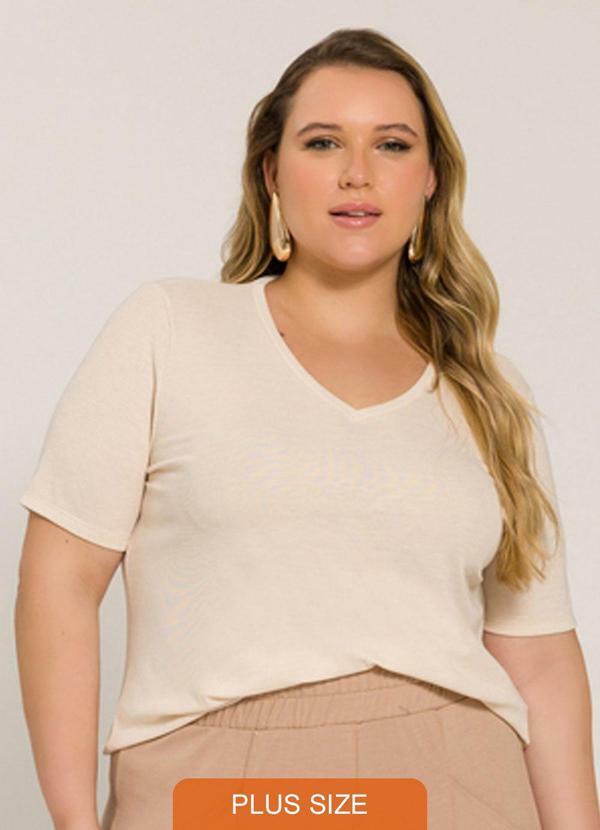 Lisamour - Blusa Decote V Canelada de Manga Curta Bege