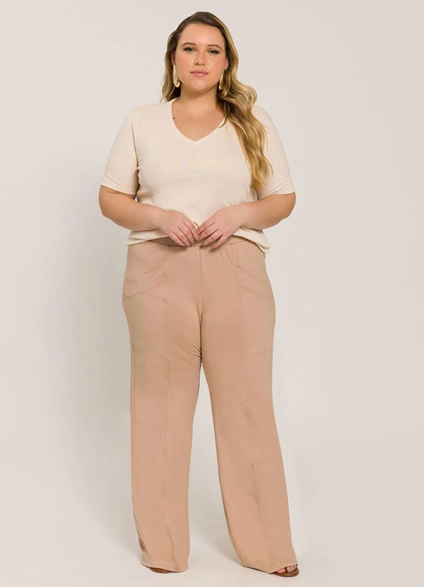 Lisamour - Blusa Decote V Canelada de Manga Curta Bege 3