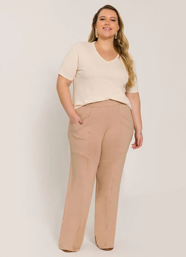 Lisamour - Blusa Decote V Canelada de Manga Curta Bege 4