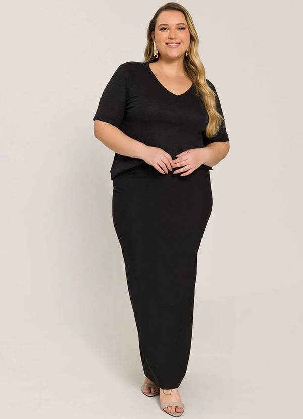 Lisamour - Blusa Decote V Canelada de Manga Curta Preta 2