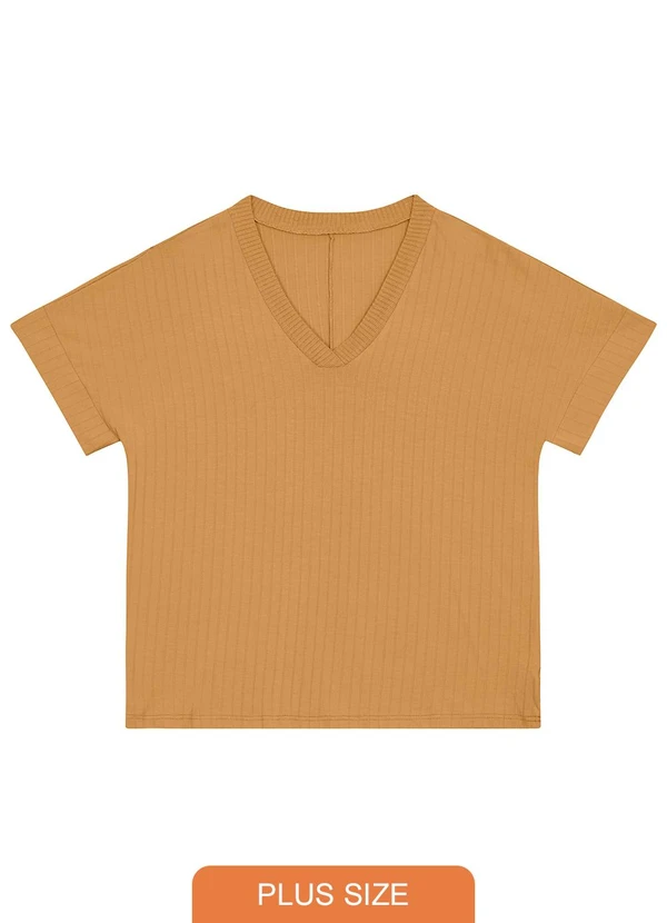 Malwee - Blusa Decote V Canelada Plus Amarelo Mostarda