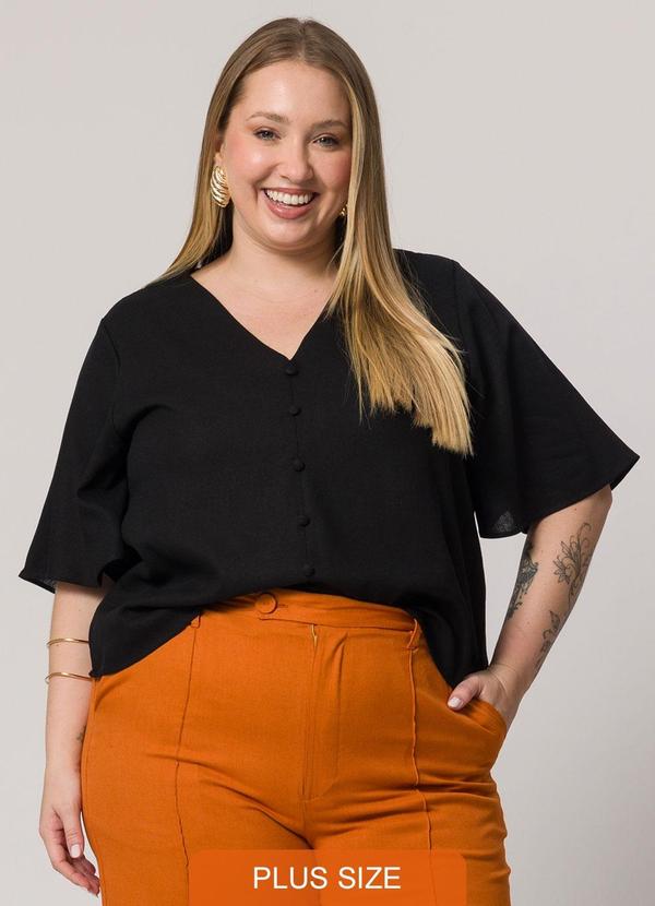 Lisamour - Blusa Decote V com Botões e Manga Curta Preta