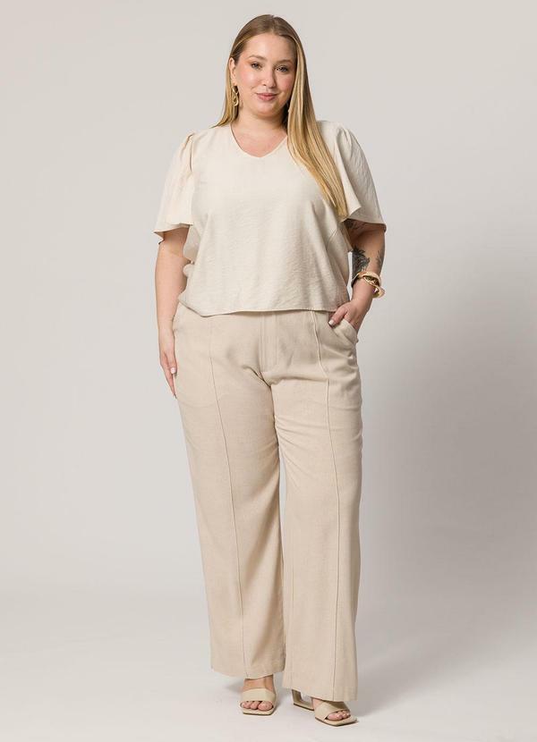 Lisamour - Blusa Decote V de Manga Curta Bege 2