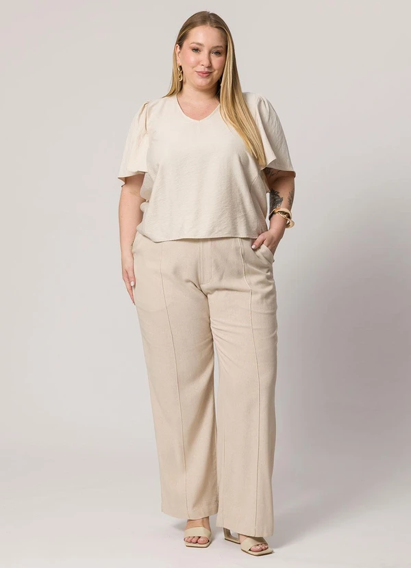 Lisamour - Blusa Decote V de Manga Curta Bege 2