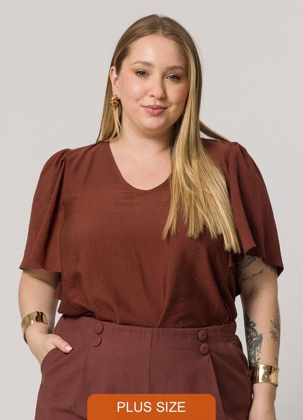 Lisamour - Blusa Decote V de Manga Curta Marrom