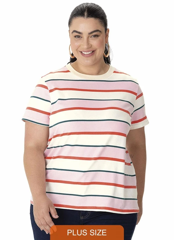 Malwee - Blusa em Cotton Listrado Plus Rosa Claro