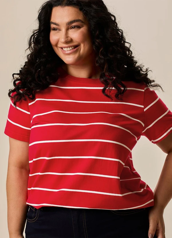 Malwee - Blusa em Cotton Listrado Plus Vermelho