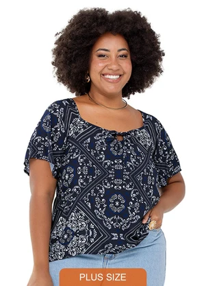 Outlet - Blusa Estampada Gola Ampla Adulto Plus Size Azul - OUTLET