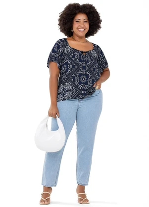 Outlet - Blusa Estampada Gola Ampla Adulto Plus Size Azul - OUTLET