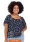 Outlet - Blusa Estampada Gola Ampla Plus Size Marrom - variação: Azul
