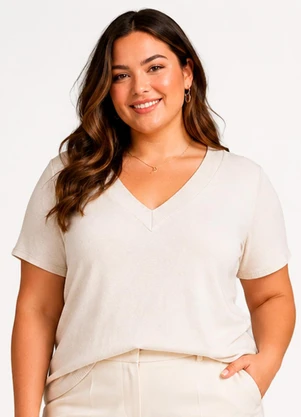 Secret Glam - Blusa Feminina em Visco Tricot e Ribana Bege - SECRET GLAM