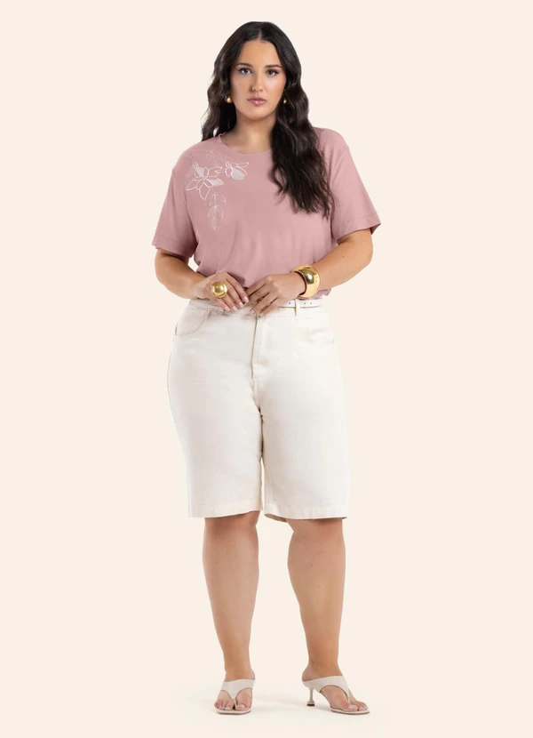 Secret Glam - Blusa Feminina Manga Curta com Bordado Rosa