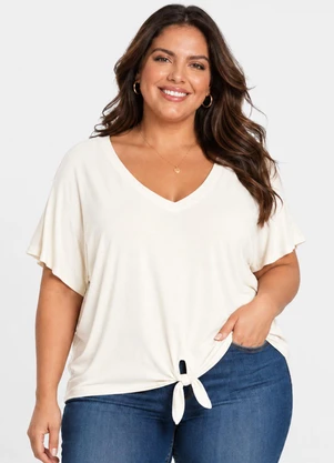 Rovitex - Blusa Feminina Manga Curta Decote em V Bege - ROVITEX