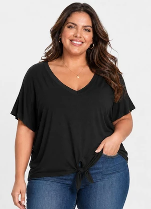 Rovitex - Blusa Feminina Manga Curta Decote em V Preto - ROVITEX
