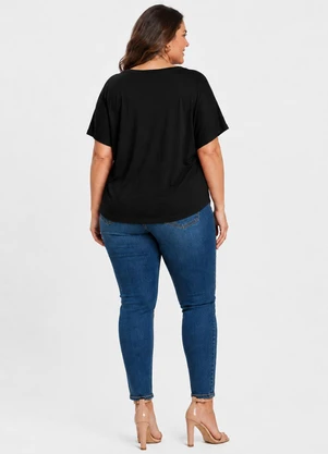 Rovitex - Blusa Feminina Manga Curta Decote em V Preto - ROVITEX