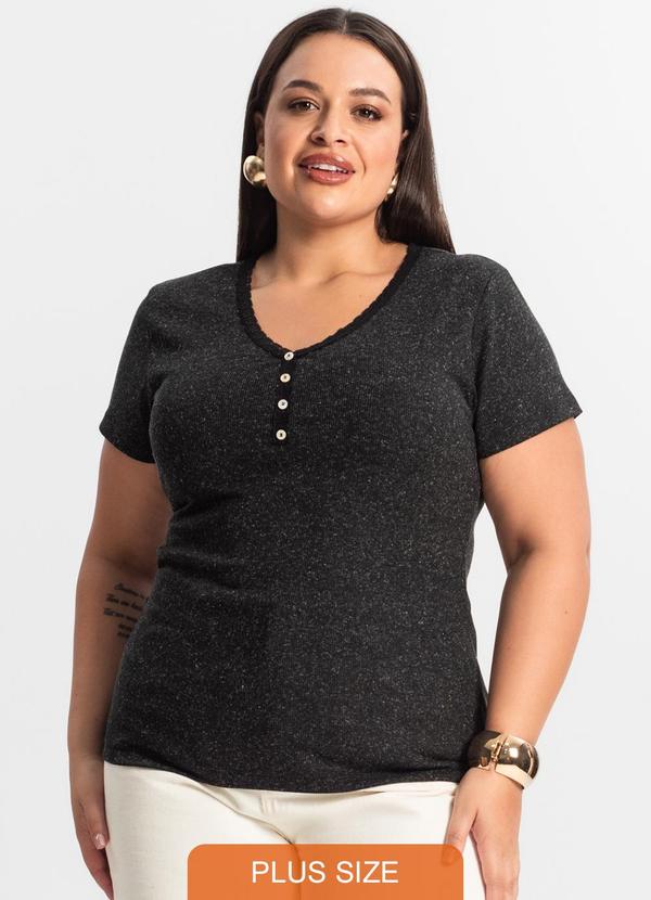 Rovitex - Blusa Feminina Manga Curta Ribana de Linho Preto