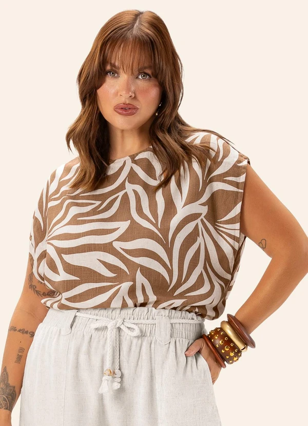 Secret Glam - Blusa Feminina Plus de Linho Marrom