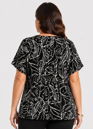 Select - Blusa Feminina Plus Estampada Decote V Preto - SELECT