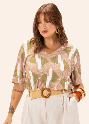 Secret Glam - Blusa Feminina Plus Manga Curta  Bege - SECRET GLAM