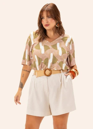 Secret Glam - Blusa Feminina Plus Manga Curta  Bege - SECRET GLAM
