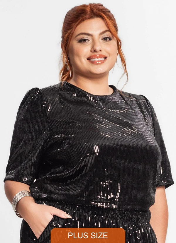 Secret Glam - Blusa Feminina Plus Size em Paetê Preto