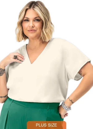 Secret Glam - Blusa Feminina Plus Size Gola em V Branco - SECRET GLAM