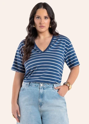 Secret Glam - Blusa Feminina Plus Size Gola V Azul - SECRET GLAM