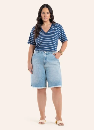 Secret Glam - Camiseta Plus Size Gola V Listrada Azul - SECRET GLAM