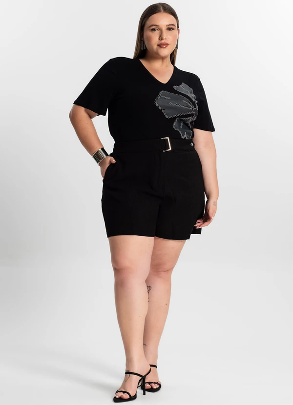 Secret Glam - Blusa Feminina Plus Size Manga Evasê Preto 3