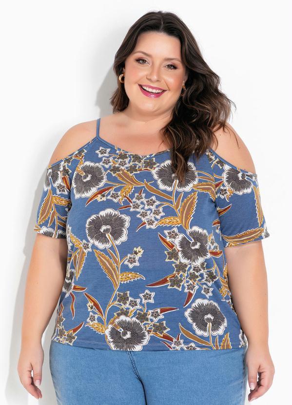 Blusa (Floral Azul) com Al�as Finas Plus Size