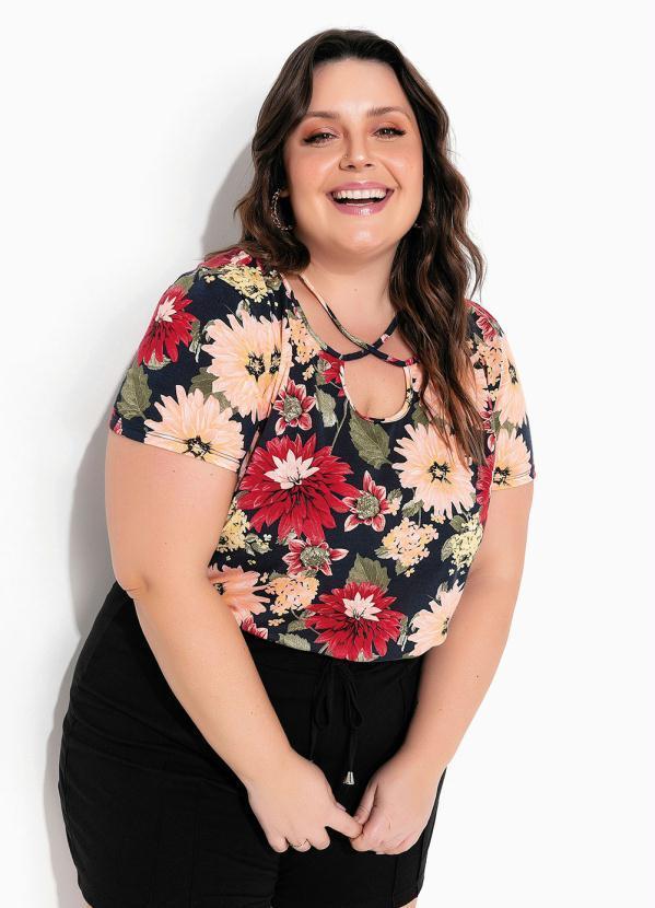 Blusa (Floral Azul) com Decote Strappy Plus Size