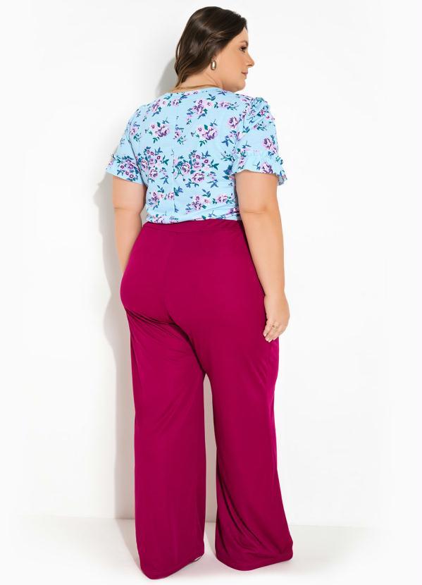 Outlet - Blusa Floral Azul com Mangas Bufantes Plus Size 1