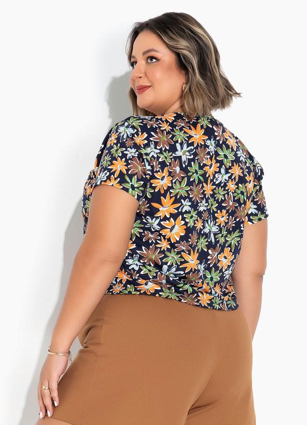 Marguerite - Blusa Floral Azul com Torção no Decote Plus Size 2