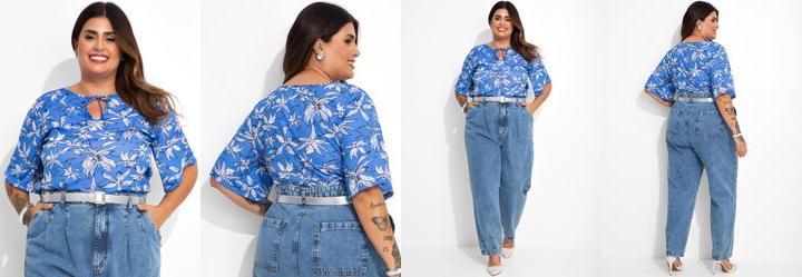 Blusa Floral Azul em Malha com Amarrao